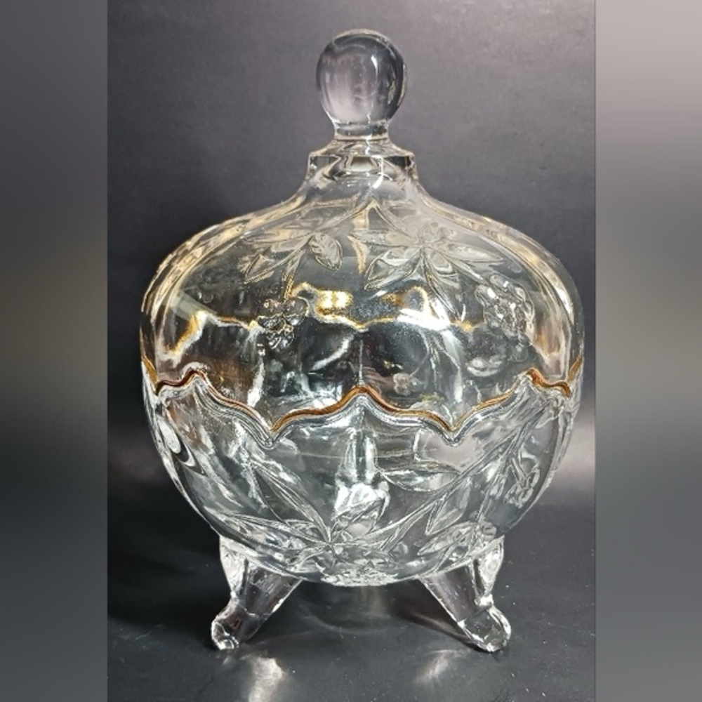 8inch Vintage Footed Candy Dish w Lid Pressed Cut Glass Bomboniere Trinket Box